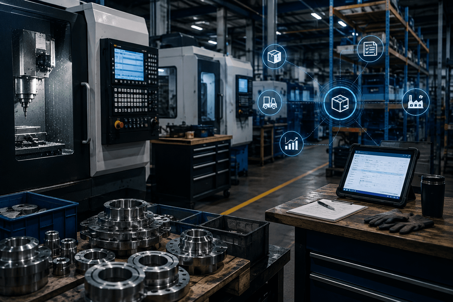 Modern manufacturing shop floor combining machining, inventory, production, and digital technology